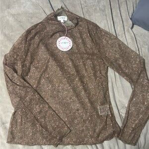 Umgee Brown Floral Long Sleeve Mesh Top with Pink Accents